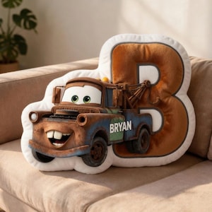 Custom Name Lightning Tow Mater Letter Cushion, Personalized Kids Car Pillow, Cute Initial Nursery Decor, Birthday Gift for Toddler Boy