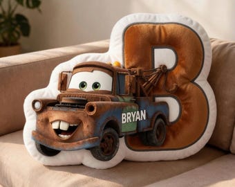 Custom Name Lightning Tow Mater Letter Cushion, Personalized Kids Car Pillow, Cute Initial Nursery Decor, Birthday Gift for Toddler Boy
