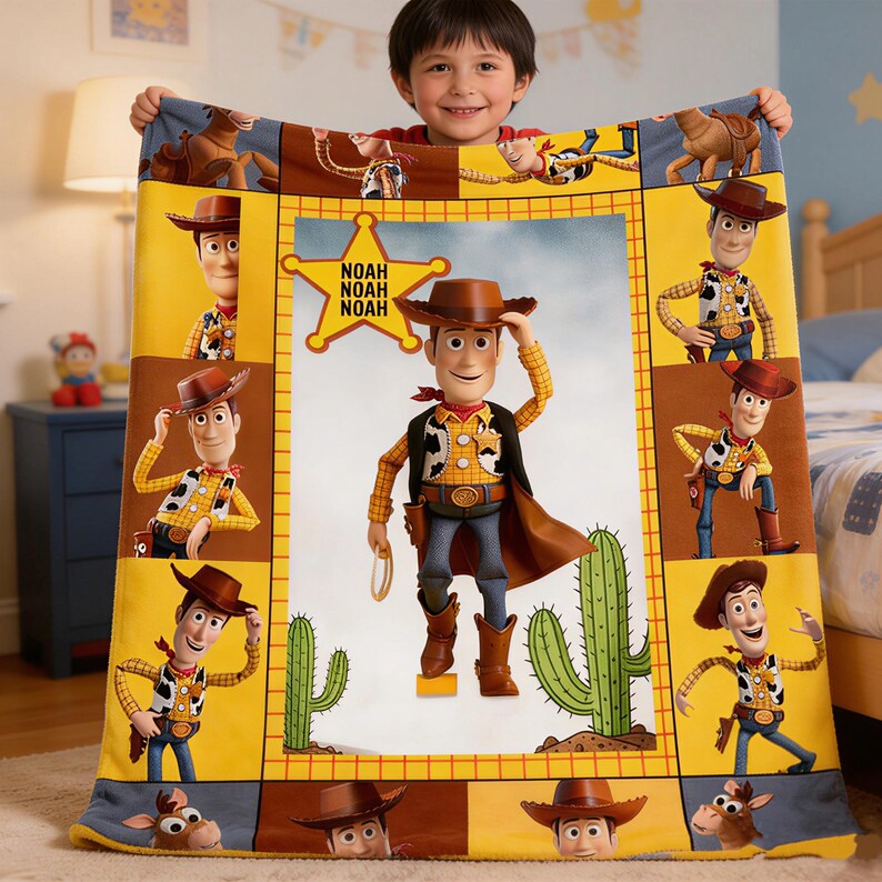 Op de afbeelding: Een kleurrijke deken met het personage Woody uit de film Toy Story. De deken heeft een gele rand met afbeeldingen van Woody en een centraal beeld van Woody met een cactus en een ster met de naam "NOAH".