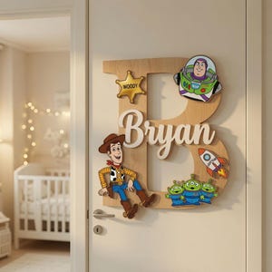 Toy Story namnskylt, personlig barnrumsdekoration för pojkar, anpassade träbokstäver, Buzz Lightyear Woody sovrumsskylt, Toy Story babynamnskylt