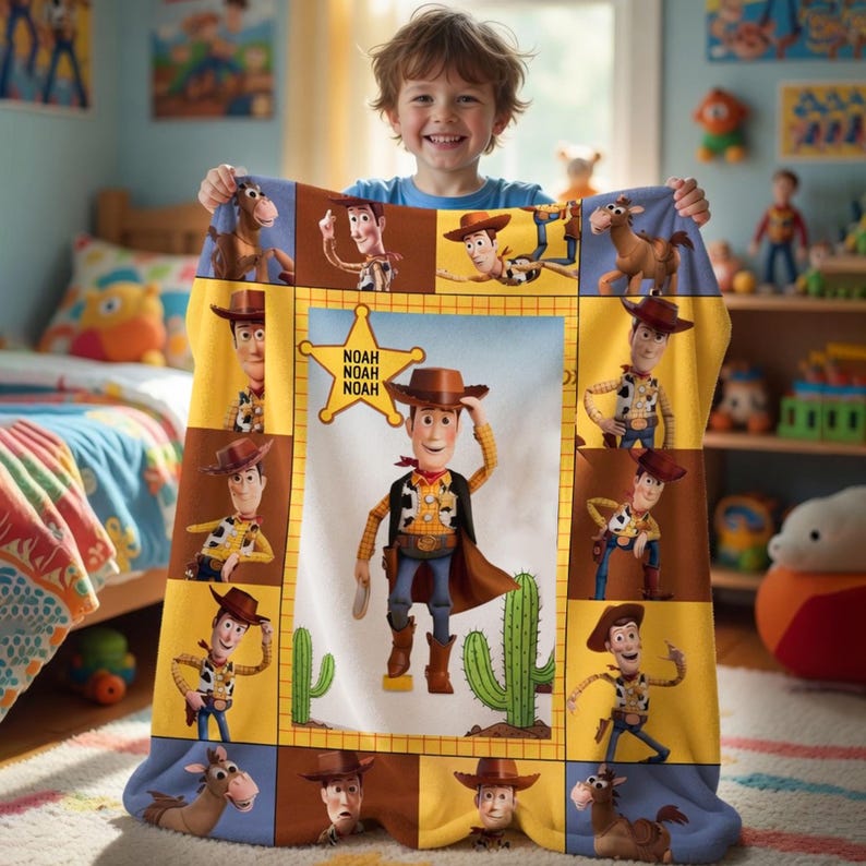 Op de afbeelding: Een kleurrijke deken met het personage Woody uit Toy Story. De deken heeft een centraal beeld van Woody met een sheriff-badge en cactus, omringd door kleinere afbeeldingen van Woody en een paard. De naam "Noah" is ook zichtbaar.