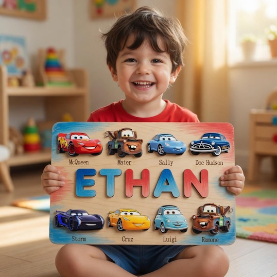 A wooden name puzzle built entirely from Lightning McQueen and the Cars universe — niche enough to make a Disney Cars-obsessed toddler absolutely lose their mind.
