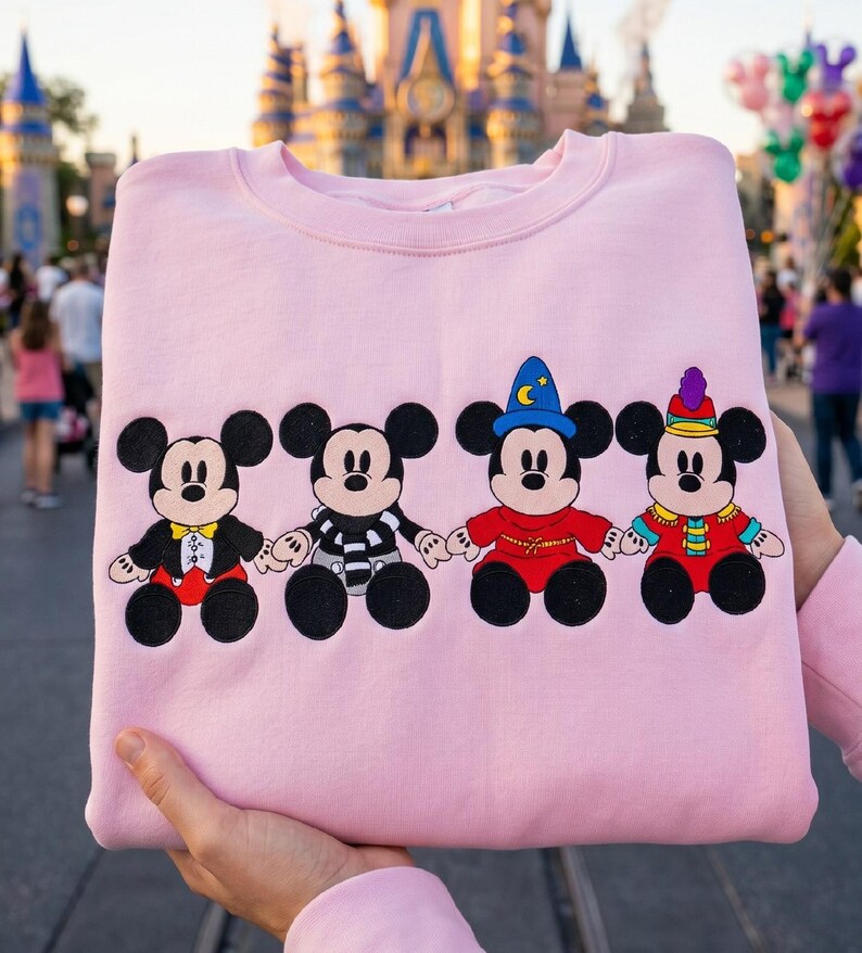 May include: A pale pink sweatshirt with four Mickey Mouse designs in various outfits. The cartoon characters are in black, red, and yellow. The background is blurred, showing a castle and people.