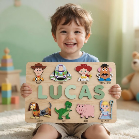 A handcrafted wooden name puzzle wrapped in Toy Story magic — Woody and Buzz make this a genuinely charming personalized keepsake toddler gift.