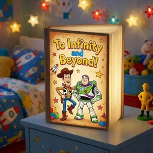 May include: A book-shaped LED lamp featuring a light-up cover with the text To Infinity and Beyond! and illustrations of Woody and Buzz Lightyear. The lamp has a wooden spine and accordion-style pages that emit a warm glow, standing upright.