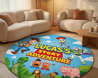 Custom Name Disney Rug for Kids Room, Personalized Toy Story Adventure Bedroom Decor, Cute Toy Story Non Slip Play Mat, Birthday Boy Gift