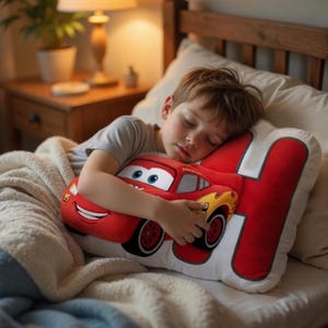 May include: A red Lightning McQueen car-shaped pillow with a white and red letter H pillow. The pillow features the character's face and details. The pillow is on a bed with a sleeping child.