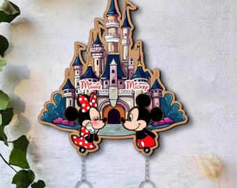 Custom Disney Castle Key Holder, Personalized Mickey Minnie Key Ring, Cute Couple Anniversary Gift,Wooden Key Hanger Wall Decor Housewarming