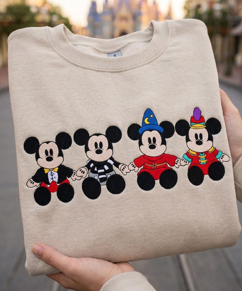 May include: Beige crew neck sweatshirt with four Mickey Mouse character designs. Each character is dressed in a different outfit, including a magician's hat and a circus-style outfit. The sweatshirt is held by a person.