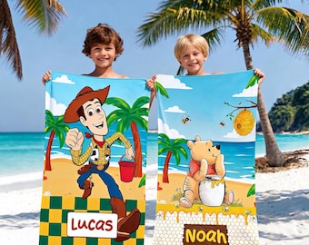 Personalized Beach Towel Kids Custom Name Towel, Toy Story Winnie Pooh Swim Towel, Disney Cute Birthday Gift Boy Girl Pool Summer Blanket