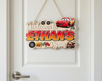 Personalized Racing Car Door Sign, Custom Boys Room Name Sign, Lightning Car Inspired Nursery Decor, Wooden Playroom Plaque,Gift for Toddler
