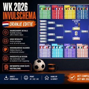 May include: A poster with the text "WK 2026 INVULSCHEMA ORANJE EDITIE" and a soccer tournament bracket. The poster includes team flags, a soccer ball, and a mug that says "ORANJE".