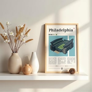 Peut inclure: Une affiche encadrée représentant le stade Lincoln Financial Field de Philadelphie. L'affiche, dans un cadre en bois clair, affiche le texte "Philadelphia". Des vases décoratifs et des fleurs ornent une étagère blanche.