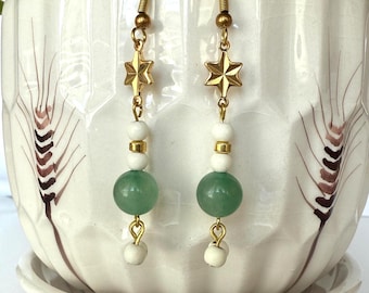 Green Aventurine Dangle Earrings, Gold Star, Handmade