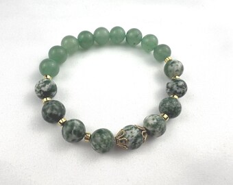 Tree Agate & Aventurine Stretch Bracelet, Gold-Plated Accents, Handmade Gemstone Gift
