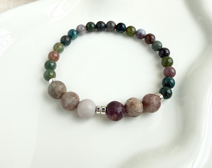 Green Jasper Lilac Quartz Bracelet, Hematite Cross Charm, Handmade Gemstone Jewelry, gifts for her