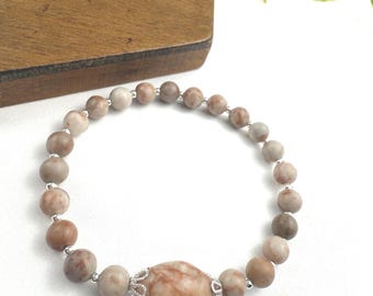 Red Spot Marble & Hematite Stretch Bracelet, Silver Accents, Handmade Gemstone Gift