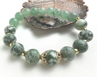Tree Agate & Aventurine Stretch Bracelet, Gold-Plated Accents, Handmade Gemstone Gift