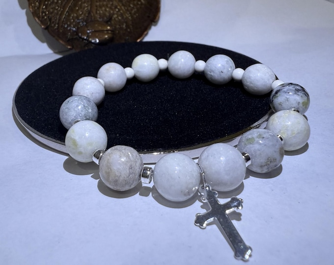 Featured listing image: Jade, Peridot & Hematite Gemstone Cross Bracelet, Handmade Silver Charm, Gift for Her