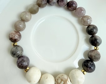 Lilac Quartz & Magnesite Gemstone Stretch Bracelet, Gold Hematite Accents, Gift for Her