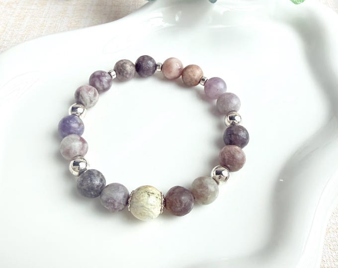 Lilac Quartz & Peridot Jade Stretch Bracelet, Hematite, Silver Accents, Handmade