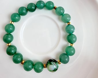 Green Aventurine & Multi-Green Quartz Stretch Bracelet, Gold Hematite Accents, Gift for Her