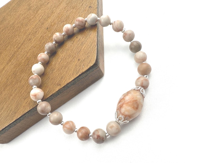 Red Spot Marble & Hematite Stretch Bracelet, Silver Accents, Handmade Gemstone Gift
