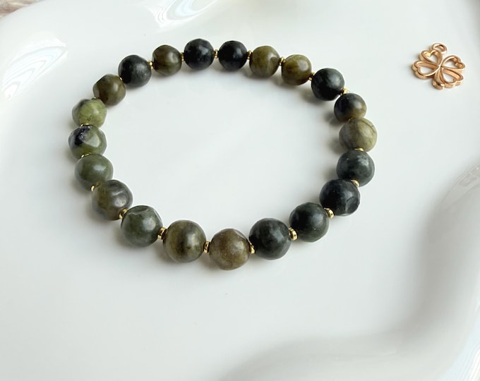 Serpentine Bracelet, Handmade Gemstone Stretch Beaded Hematite Jewelry , Birthday Gift for Her