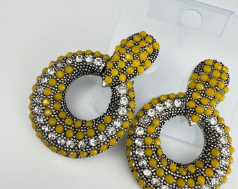 ClovArc Gold Statement Earrings – Bold Circular Yellow & Crystal Earrings for Party, Evening, and Glam Looks