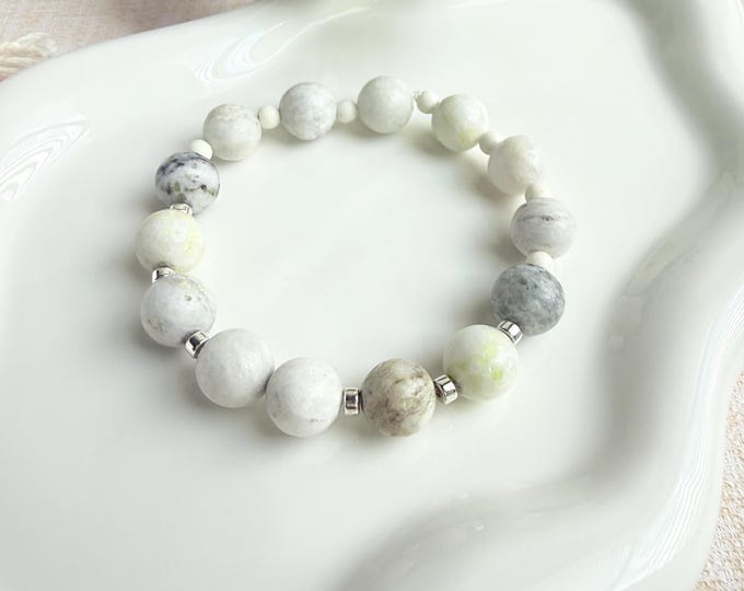 Gemstone Beaded Bracelet Jade Peridot Hematite Handmade Dainty Boho Gift for Her