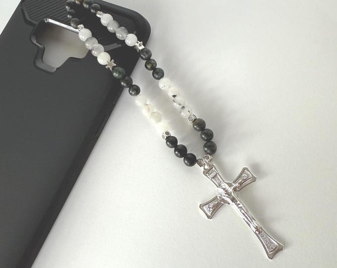 Mountain Jade , Serpentine Phone Charm | Silver Cross & Metal Beads | Handmade Gift-Ready