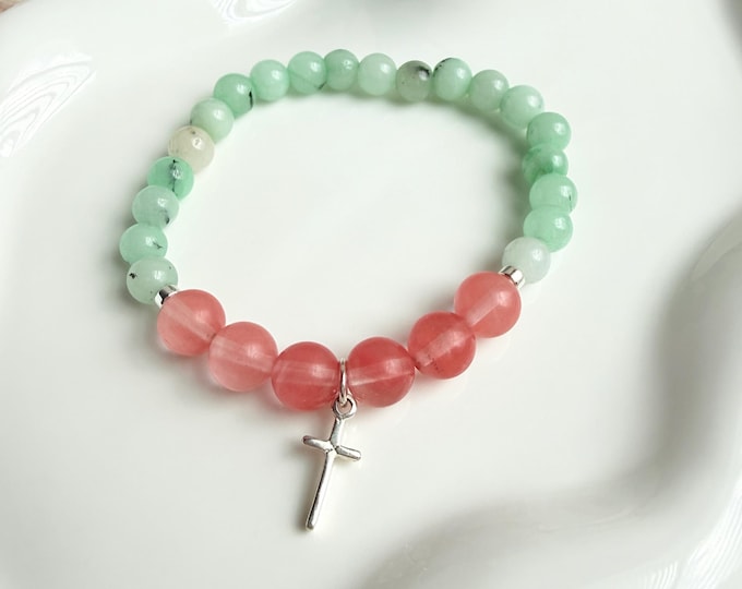 Malaysia Jade & Cherry Quartz Stretch Bracelet, Silver Cross, Handmade Faith Gift