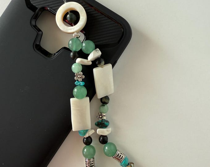 Green Aventurine Mother of Pearl Phone Charm, Boho Beaded Cell Accessory