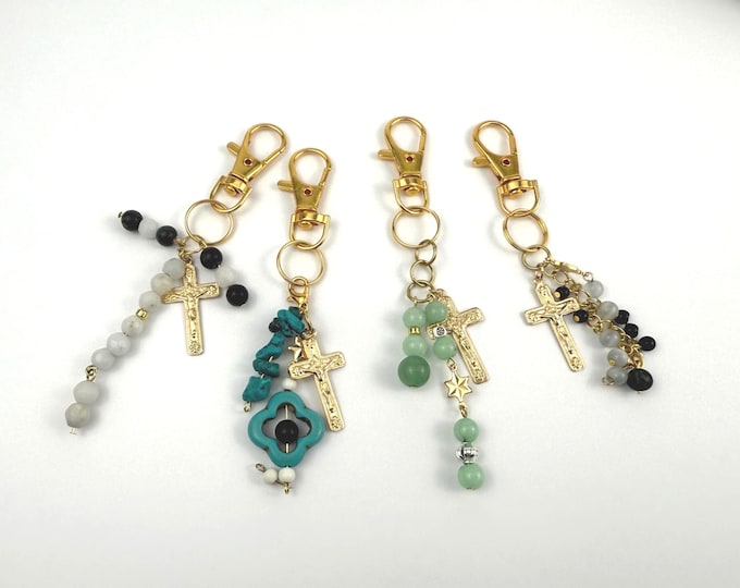 Cross Charm Bag Keychain with Gemstone Beads Handmade Purse Keychain Accessory Turquoise Aventurine Jade