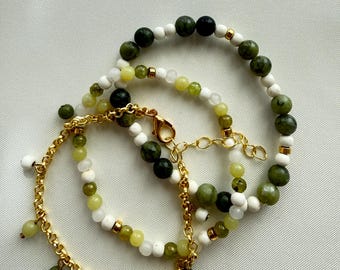 Serpentine & Magnesite Bracelet Set – 3-Piece Stackable Gold Chain Bracelets