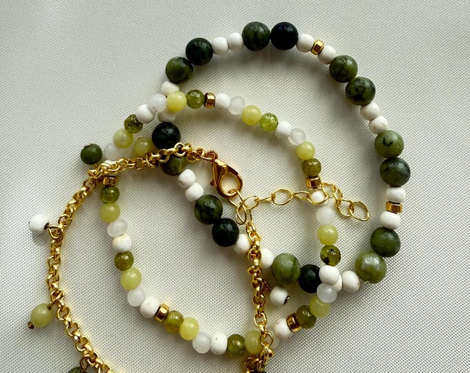 Featured listing image: Serpentine & Magnesite Bracelet Set – 3-Piece Stackable Gold Chain Bracelets