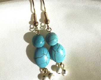 Turquoise & Magnesite Dangle Earrings, Handmade Boho Gemstone Earrings, Nickel-Free Brass Hooks
