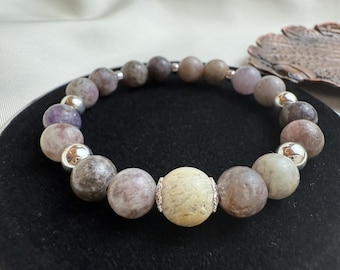 Lilac Quartz & Peridot Jade Stretch Bracelet, Hematite, Silver Accents, Handmade