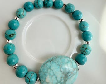Turquoise & Magnesite Stretch Bracelet, Handmade Gemstone Jewelry, Gift for Her