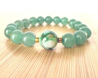 Green Aventurine & Multi-Green Quartz Stretch Bracelet, Gold Hematite Accents, Gift for Her