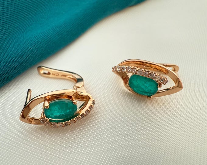 Gold Hoop Earrings with Emerald Green Oval Crystal | Elegant Sparkling Statement Jewelry | ClovArc