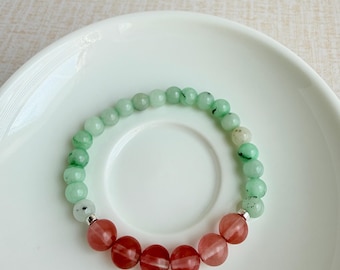 Malaysia Jade & Cherry Quartz Stretch Bracelet, Silver Cross, Handmade Faith Gift