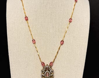 Rose Pink ,Gold Pendant Necklace | Crystal & Pearl Statement Jewelry | ClovArc