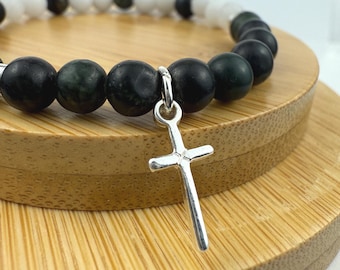 Green Serpentine & White Mountain Jade Bracelet, Hematite, Silver Cross, Handmade