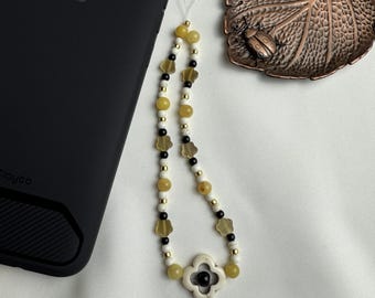 Handmade Malaysia Jade Phone Charm with Clover  | Good Luck Gemstone Char