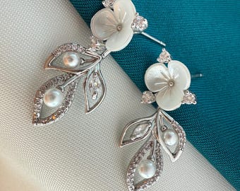 White Flower Drop Earrings with Leaf Stones & Pearl | Elegant Fashion Earrings | ClovArc Jewelry