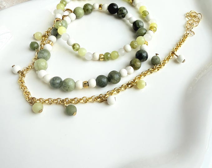 Serpentine Magnesite Bracelet Set – 3-Piece Stackable Gold Chain Bracelets