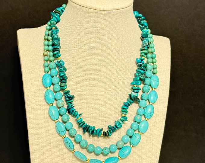 Featured listing image: Bold, Chunky 3-Layer Magnesite Gemstone Necklace – Turquoise-Look Statement Necklace with Gold Hematite Accents | ClovArc