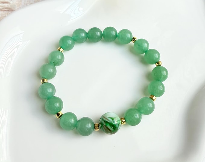Green Aventurine Stretch Bracelet, Multi-Green Quartz, Gold Hematite Accents