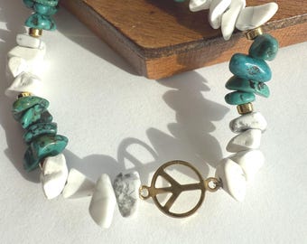 Howlite & Turquoise Chip Stretch Bracelet, Gold Peace Connector, Handmade Gemstone Gift
